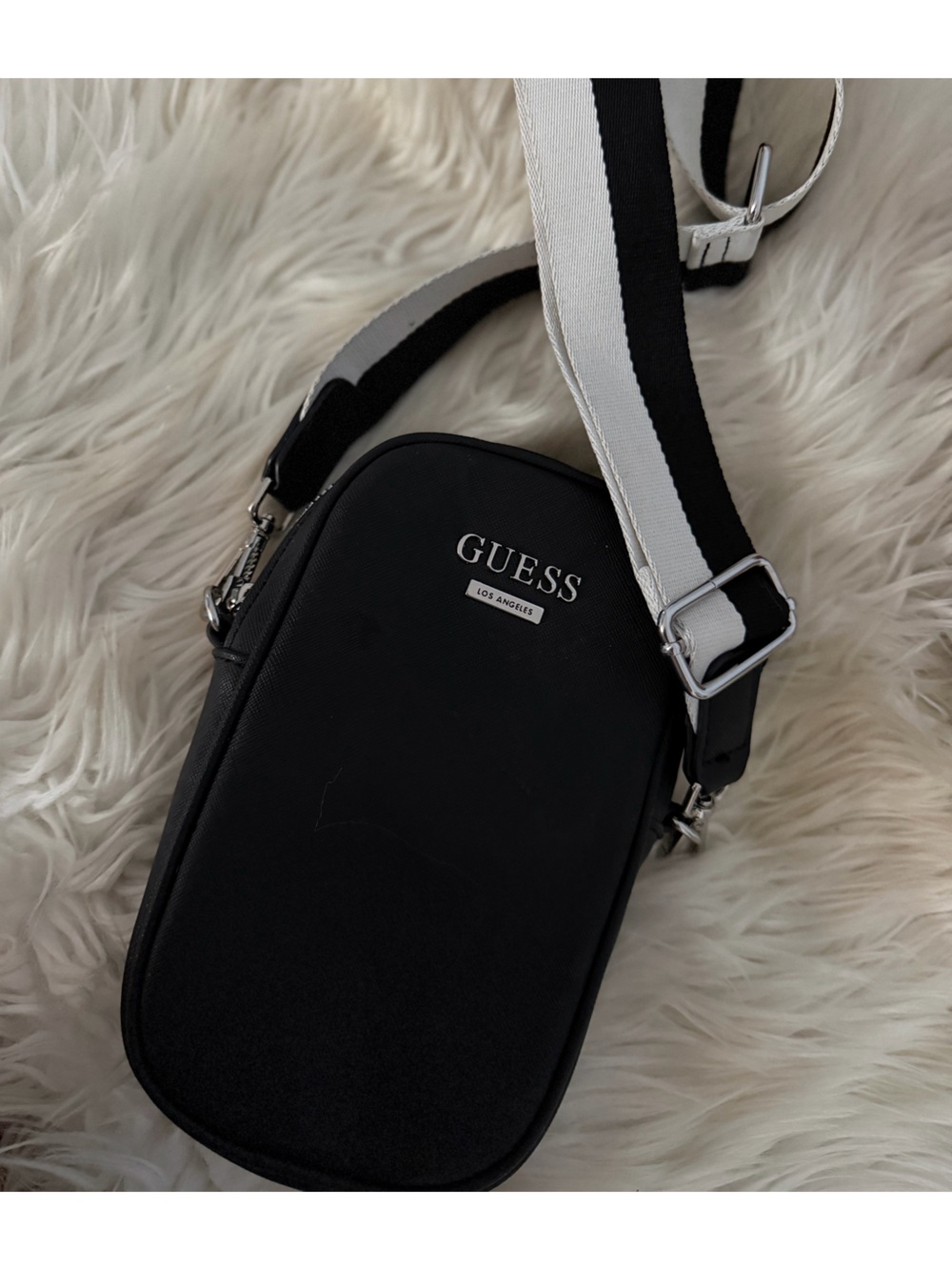 GUESS Black Mini Crossbody with Black-and-White Strap